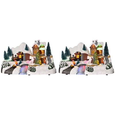 HOMCOM Villaggio Natalizio Luminoso, Set 2 Pezzi con Albero Girevole, 8 Musiche, Luci LED e Fibre Ottiche, 30x19x19.5 cm