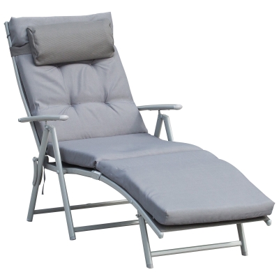 Outsunny ligstoel met kussens, inklapbare strandstoel, ligbank verstelbaar, 7-traps verstelbare rugleuning, relax ligstoel, metaal, textilene, grijs, 137 x 63,5 x 100,5 cm strandstoel ligbank voor buiten verstelbaar inklapbaar metaal grijs | Aosom.nl