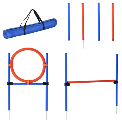 PawHut Agility-Übungs-Set Slalom-Hürden-Sprungring 3 in 1 Hundesport Trainingsplatz PE Blau+Rot