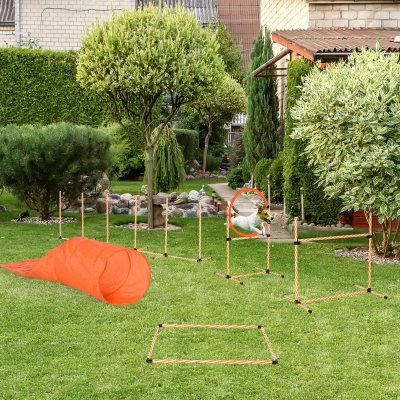 PawHut 5-cz. zestaw do treningu agility dla psów z tunelem łatwy do przenoszenia pomarańczowy ＋ biały