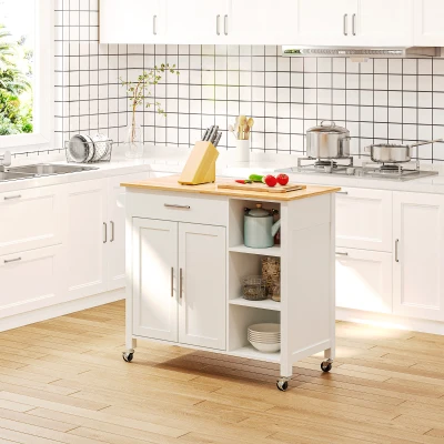 HOMCOM Carrinho de Cozinha com Rodas 1 Gaveta 2 Portas 3 Prateleiras Abertas e Barra lateral 107,5x48x89cm Branco