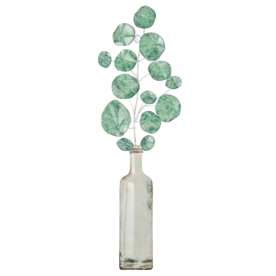 HOMCOM Decoración de Pared de Metal 3D con Planta con Jarrón Adorno de Pared Metálico para Salón 18x56 cm Verde y Plata