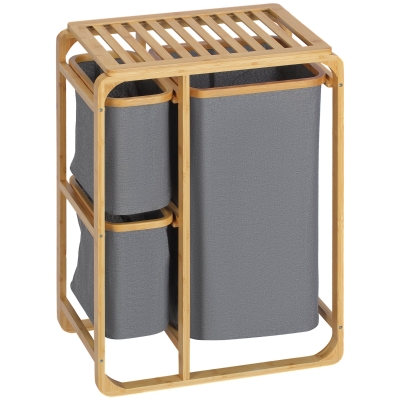 HOMCOM Cos de rufe din bambus , cos de rufe cu 3 pungi glisante din material textil si raft deschis, cos de spalat cu 3 sectiuni, economiseste spatiu, natural