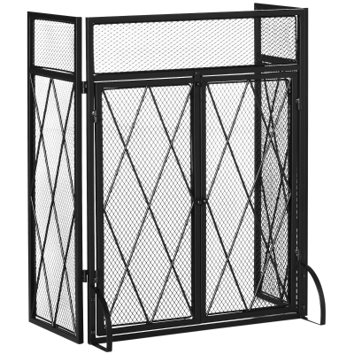 HOMCOM Grille de protection pour cheminée - pare-feu pour cheminée ou poêle - pare-étincelles - barrière de sécurité - 3 volets pliables et porte - métal noir