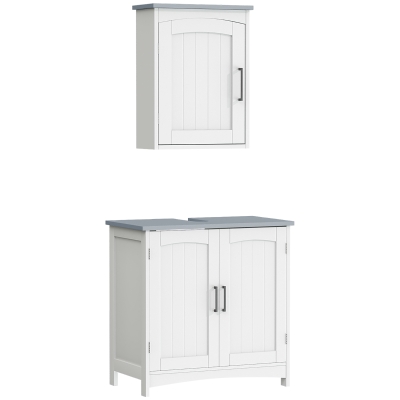 kleankin Unitate de perete de baie montata pe perete si unitate de lavabou cu polita reglabila si 2 usi din MDF, 41x18,5x52cm / 60x33x60cm, alb si gri