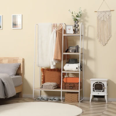 HOMCOM Suporte para Cabides com 4 Prateleiras de Armazenamento e Barra de Pendurar Estilo Industrial 101x39x160cm Madeira e Branco