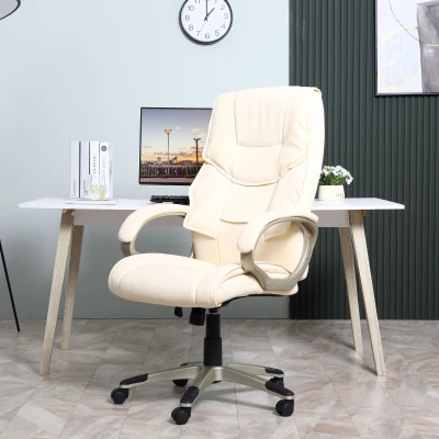 Homcom Cream Office Chair, High Back PU Leather Height Adjustable-W/ Gold Effect