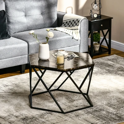 HOMCOM Table basse hexagonale avec plateau MDF aspect marbre et piètement graphique en métal noir - dim. 81L x 70l x 51,2H cm