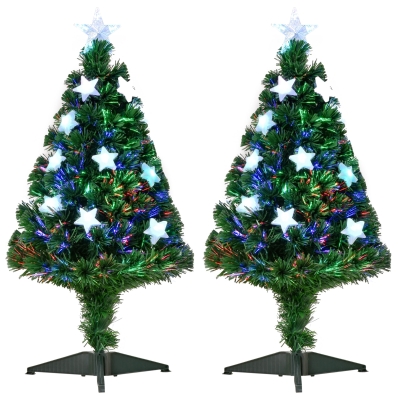 HOMCOM Set 2 Alberi di Natale a Fibre Ottiche da 90cm con 12 Luci LED di 3 Colori e Rami in PVC