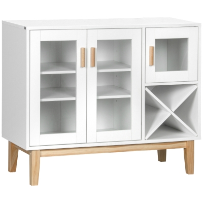HOMCOM Aparador de Cocina con 3 Puertas de Vidrio y Botellero en Forma X para 4 Botellas 90x37x75 cm Blanco