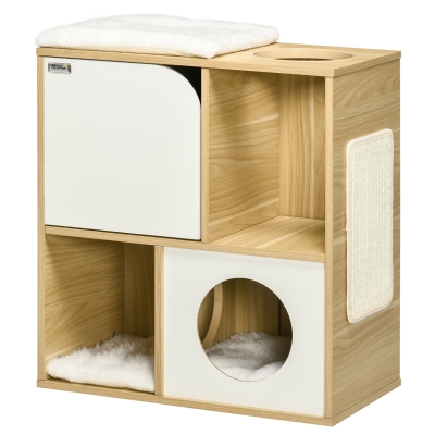 PawHut Niche pour chat avec planche à gratter placard 3 coussins moelleux 63 x 34 x 68 cm chêne blanc