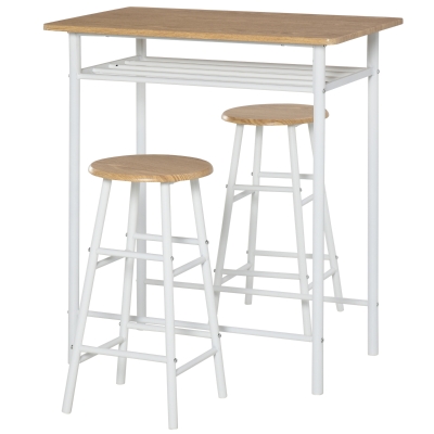 HOMCOM Set de Mesa Alta y 2 Taburetes con Estante de Almacenamiento y Marco de Metal 80x50x90 cm Blanco y Natural