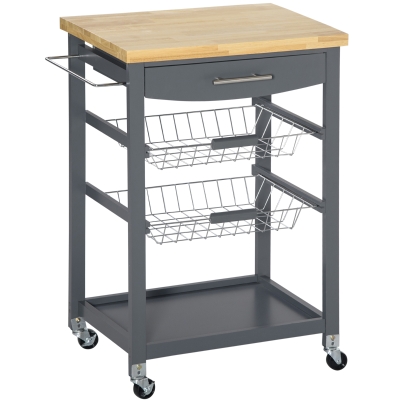 HOMCOM Desserte cuisine à roulettes chariot de service avec plan de travail, 2 paniers coulissants, 1 porte-torchons - gris