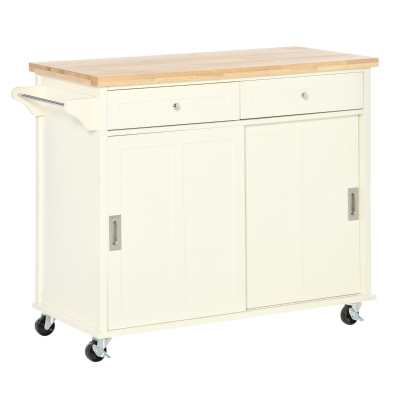 HOMCOM Carrito de Cocina Carro de Servicio Multifuncional con Ruedas 2 Puertas Correderas 2 Cajones y Barra de Colgar 110x49,5x89,5 cm Crema