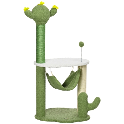 PawHut Árbol Rascador para Gatos con Forma de Cactus con Hamaca Plataforma Postes de Sisal y Bola 45x45x90 cm Verde