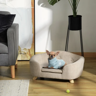 PawHut Canapé lit panier chien chat sur pied design contemporain coussin moelleux amovible pieds bois massif dim. 70L x 47l x 30H cm crème
