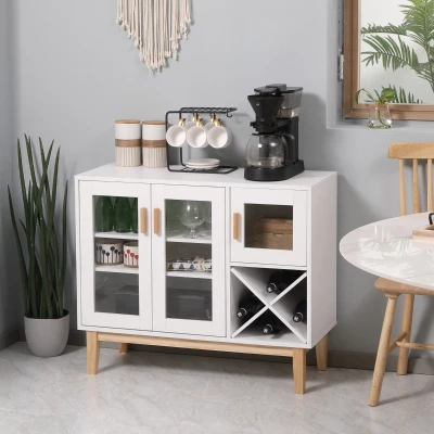 HOMCOM Aparador de Cozinha com 3 Portas de Vidro e Suporte em Forma de X para 4 Garrafas Móvel Buffet Auxiliar 90x37x75cm Branco
