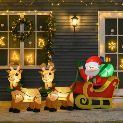 HOMCOM Pai Natal com Trenó e Renas Infláveis com Luzes LED Decoração de Natal para Exterior Ar Livre com Inflador 240x57x112cm Multicor