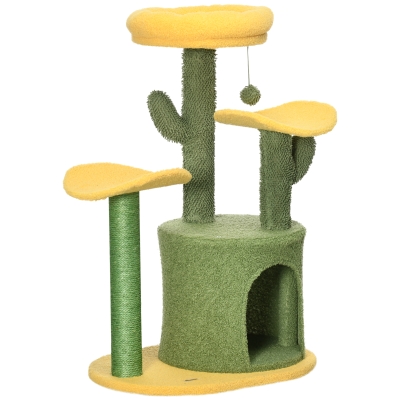 PawHut Árbol Rascador para Gatos en Forma de Cactus con Cama Cueva Postes de Sisal y Bola Colgante 54x39x83 cm Verde