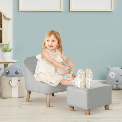 HOMCOM Toddler Chair, 2pcs Kids Sofa Set, Sofa & Ottoman for Bedroom, 3-5 years old, Grey