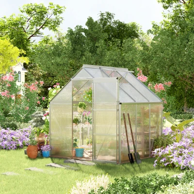 Outsunny 6 x 6 FT Walk-In Greenhouse Polycarbonate Panels Aluminium Frame w/ Sliding Door Adjustable Window 3.6㎡ Inner Area Plant Vegetable Flower Grow Green House Protection