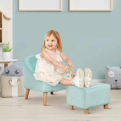 HOMCOM Toddler Chair, 2pcs Kids Sofa Set, Sofa & Ottoman for Bedroom, 3-5 years old, Blue