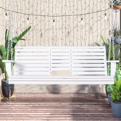 Outsunny Hängebank mit Klapptisch und Becherhaltern Naturholz 150 x 75 x 53cm