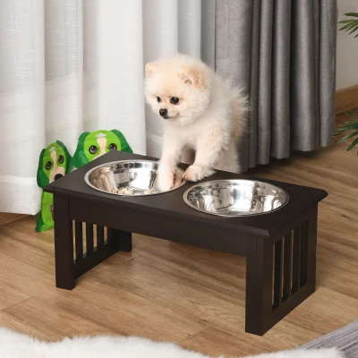 suport cu 2 boluri inox, pentru caini, lemn