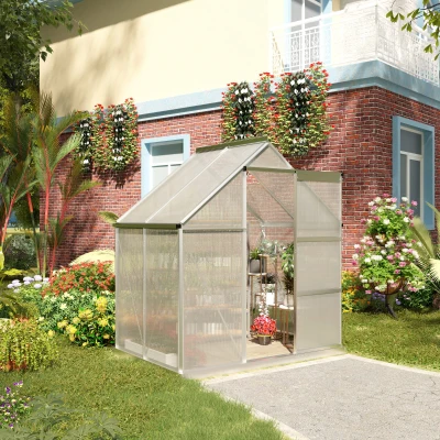 Outsunny 6 x 4 FT Walk-In Greenhouse Polycarbonate Panels Aluminium Frame w/ Sliding Door Adjustable Window 2.5㎡ Inner Area Plant Vegetable Flower Grow Green House Protection
