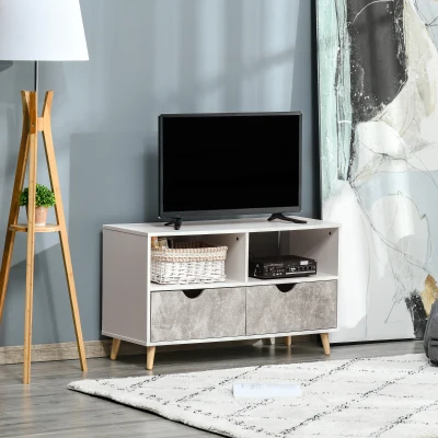 HOMCOM TV Unit for TVs up to 42", TV Stand Cabinet with 2 Open Shelves, 2 Drawers and Wooden Legs, Modern Entertainment Unit for Living Room, Grey