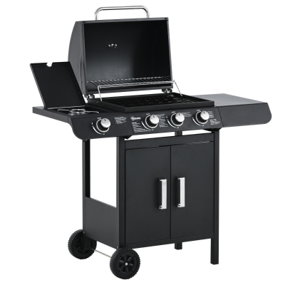 Outsunny Gasgrill BBQ Grillwagen mit 3 Brennern 1 Seitenbrenner Schrank Multifunktion Metall Schwarz 110 x 50 x 100 cm