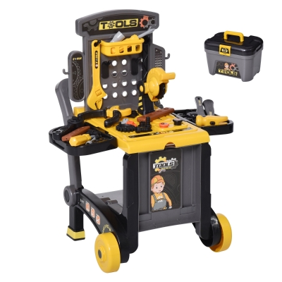 HOMCOM 3-in-1 Multi-Werkbank mit Werkzeugkoffer mit 60 Zubehören Kinder Arbeitstisch Werkbanktisch Kinderbank Spielzeug Gelb+Schwarz 59,7 x 47 x 42,5 cm