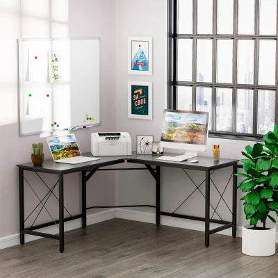 HOMCOM L-Shaped Corner Desk Computer Desk Table For Home Office Workstation w/Steel Frame Black