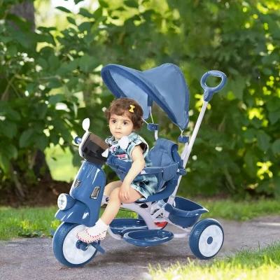 HOMCOM Triciclo infantil com toldo Barreira Apoio para os pés Luz e Música 93x51x94 cm Azul