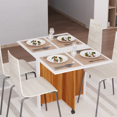 Masa de pranz pliabila, roti 120x80x73cm alb-lemn natural