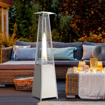 Outsunny Aquecedor a Gás para Exterior Pirâmide 10,5KW Aquecedor de Exterior de Propano Aço Inoxidável com Funda Protetora Regulador Mangueira e Rodas Ø49,5x227cm Prata