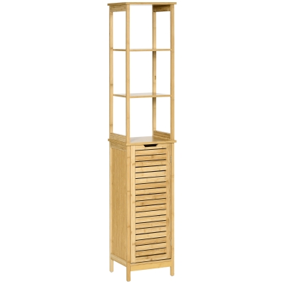 kleankin Badschrank, Hochschrank, drei Regalböden, ein Schrankfach mit Lamellentür, Kippschutz, Bambus, 34 x 30 x 173cm