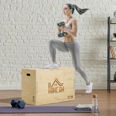 Plyo Box din Lemn cu 3 Înălțimi, Jumping Box, capacitate 120kg, 61x51x76cm