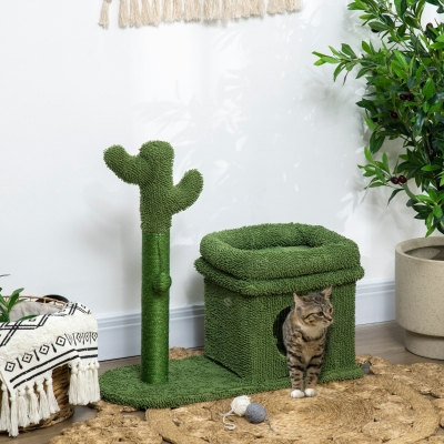PawHut Árvore Arranhador para Gatos Desenho de Cacto com Cama Casa de Pelúcia Poste de Sisal e Bola Suspensa 68x30x67cm Verde