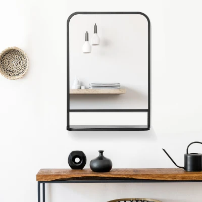 HOMCOM wandspiegel met metalen frame, afgeronde hoeken, 1 plank 70 cm x 10,2 cm x 50 cm zwart + zilver