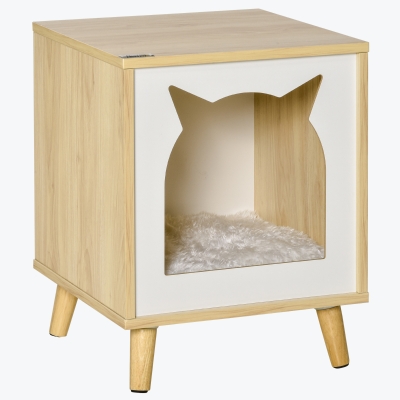 Pawhut Katzenhöhle Katzenbett Beistelltisch Tierhaus Katzennest Couchtisch mit Kissen Katzenmotiv für Schlafzimmer Wohnzimmer Kiefernholz Natur 40 x 40 x 50 cm