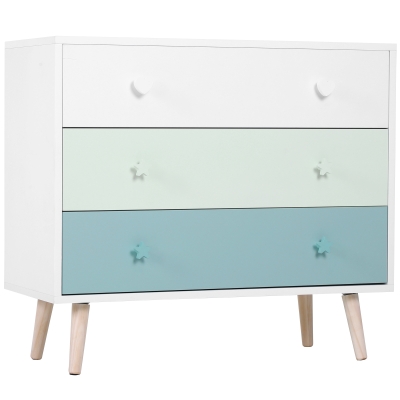 HOMCOM Kinderzimmer Schrank mit 3 Schubladen, Kinderschrank, Kommode, Aufbewahrung, Kiefernholz, MDF, Blau, 90 x 42 x 80 cm