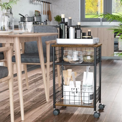 HOMCOM keukenwagen met industrieel ontwerp, 1 plank, 1 opbergmand, 4 wielen, 40 cm x 30 cm x 62 cm, staal zwart + bruin