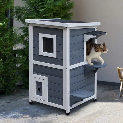 PawHut® kattenhuis 2 verdiepingen kattenvilla met trappen asfaltdak raam vurenhout grijs 51 x 51 x 81,3 cm