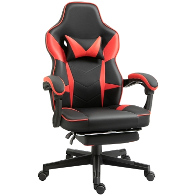 Fauteuil de bureau gamer inclinable repose-pied tétière revêtement synthétique rouge noir