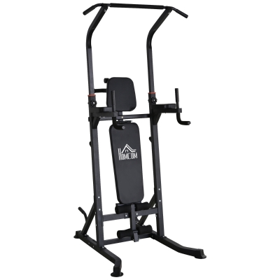 HOMCOM Station de musculation Fitness entrainement complet - barre de traction, à dips, banc de musculation pliable, poignées push-up - acier noir