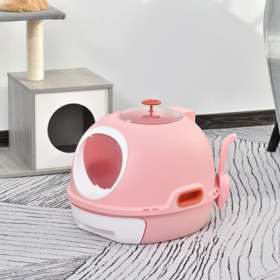 PawHut Caixa de Areia Fechada para Gatos com Clarabóia Bandeja Amovível e Pá 47x55x44cm Rosa