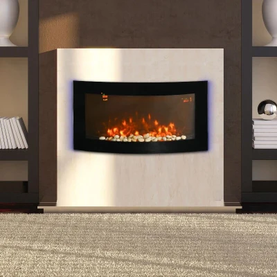 HOMCOM Lareira Elétrica de Parede com Efeito de Chama Realista Luzes LED e Potência Ajustável 1000W/2000W 89,2x13,5x48cm Preto