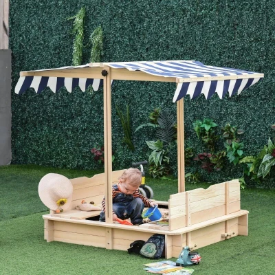 Outsunny Caixa de Areia de Madeira para Crianças acima de 3 Anos com Banco e Toldo Ajustável Carga 50kg  106x106x121cm Madeira