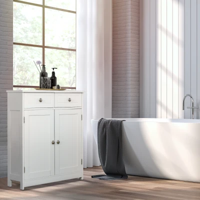 kleankin Armário Auxiliar Casa de Banho com 2 Gavetas 2 Portas e Prateleira Ajustável Estilo Moderno 60x30x75cm Branco